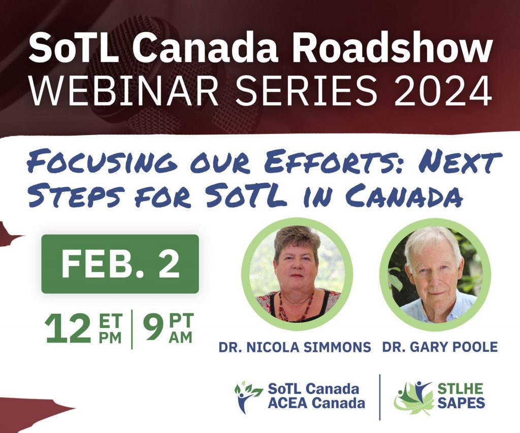 SoTL Canada Roadshow poster.  Title reads "Focusing our Efforts: Next Steps for SoTL in Canada.  Feb 2, 12 ET, 9 PT" hosted by Dr Nicola Simmons and Dr Gary Poole.  SoTL Canada and STLHE.